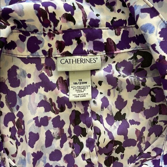 Catherines Purple and Blue Abstract Blouse 3/4 bottoms pockets silky 1X 18/20W - Picture 6 of 7